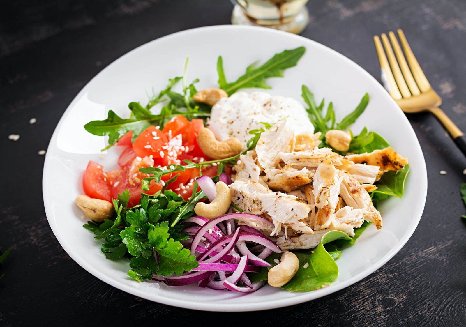 Healthy vegetable summer salad, fresh vegetables and chicken breast